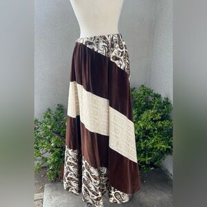 Vintage 70s boho maxi shirt brown goods cream velvet lace brocade M/L